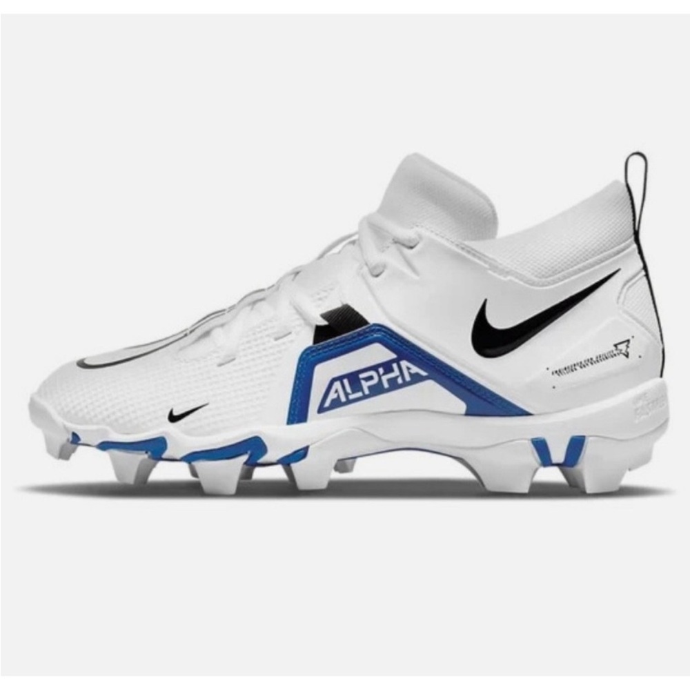 Nike Alpha Men's White, and black lacrosse cleats with Blue accents